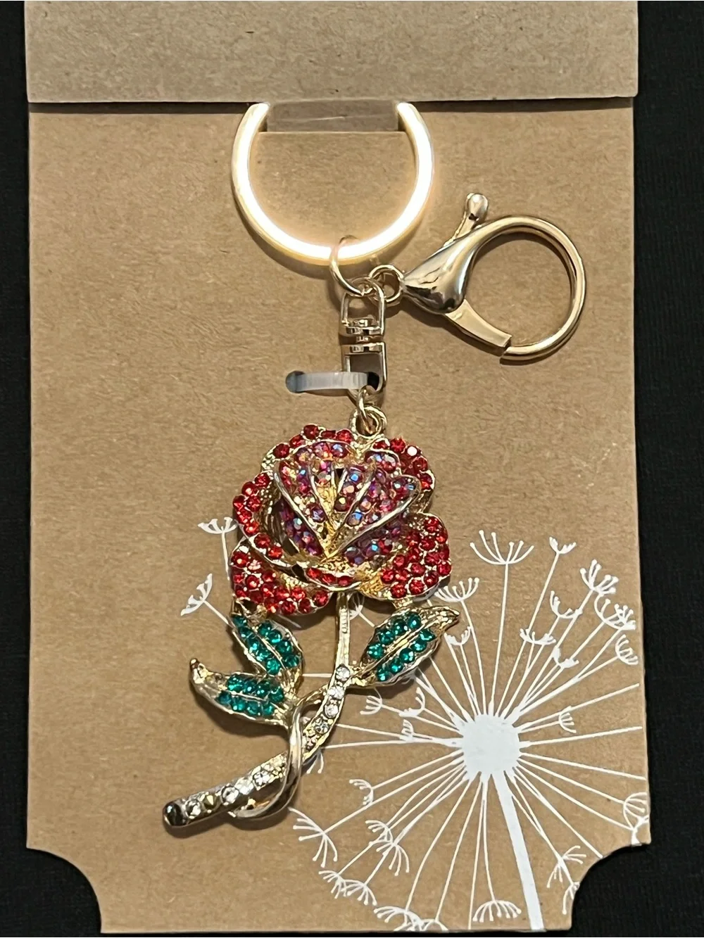 Gold-Tone Rose Bag Charm with Red Crystal Petals and Teal Leaves.       NWT